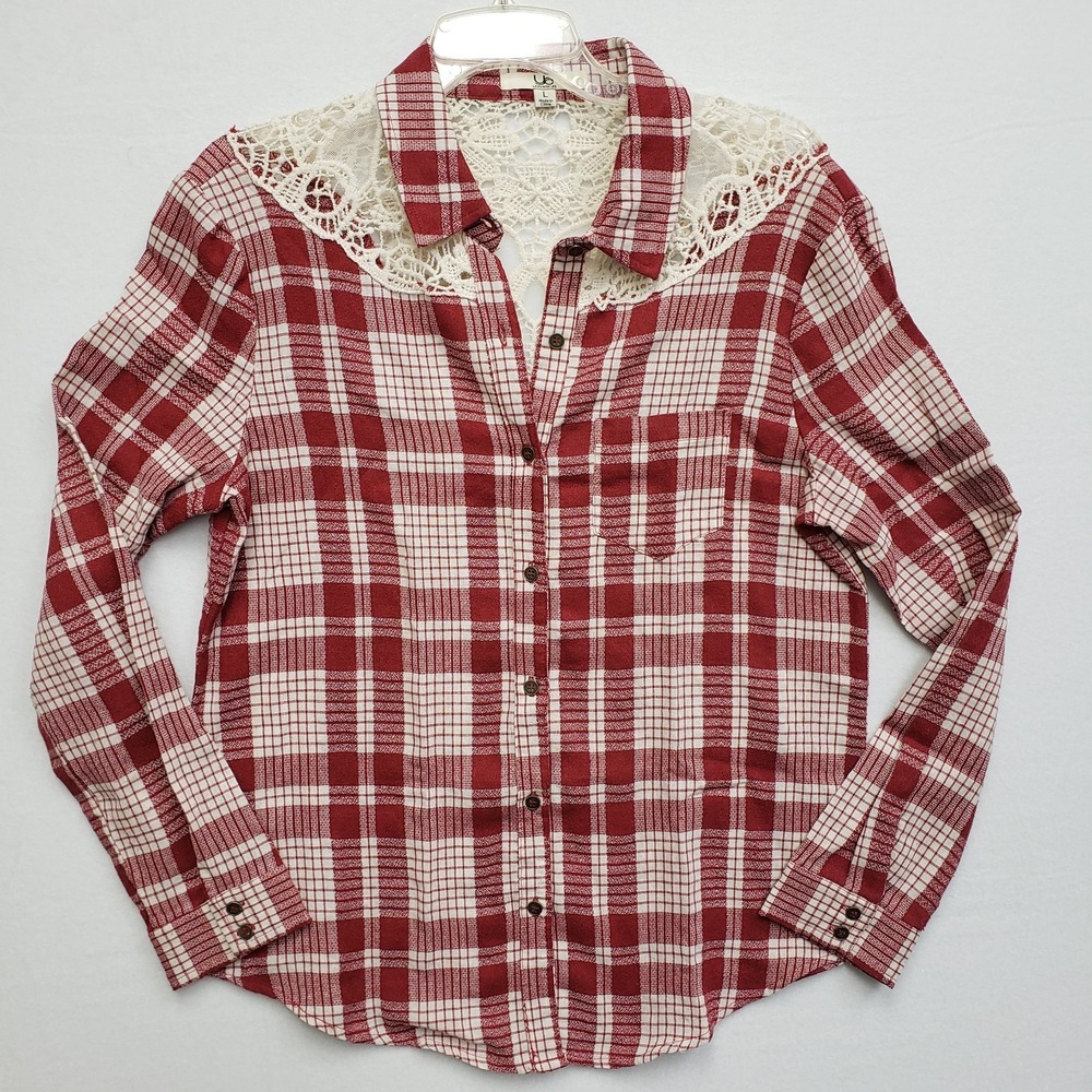 Ya Los Angeles L Blouse Womens Plaid Red White Shirt Crochet Cutouts Cotton Poly